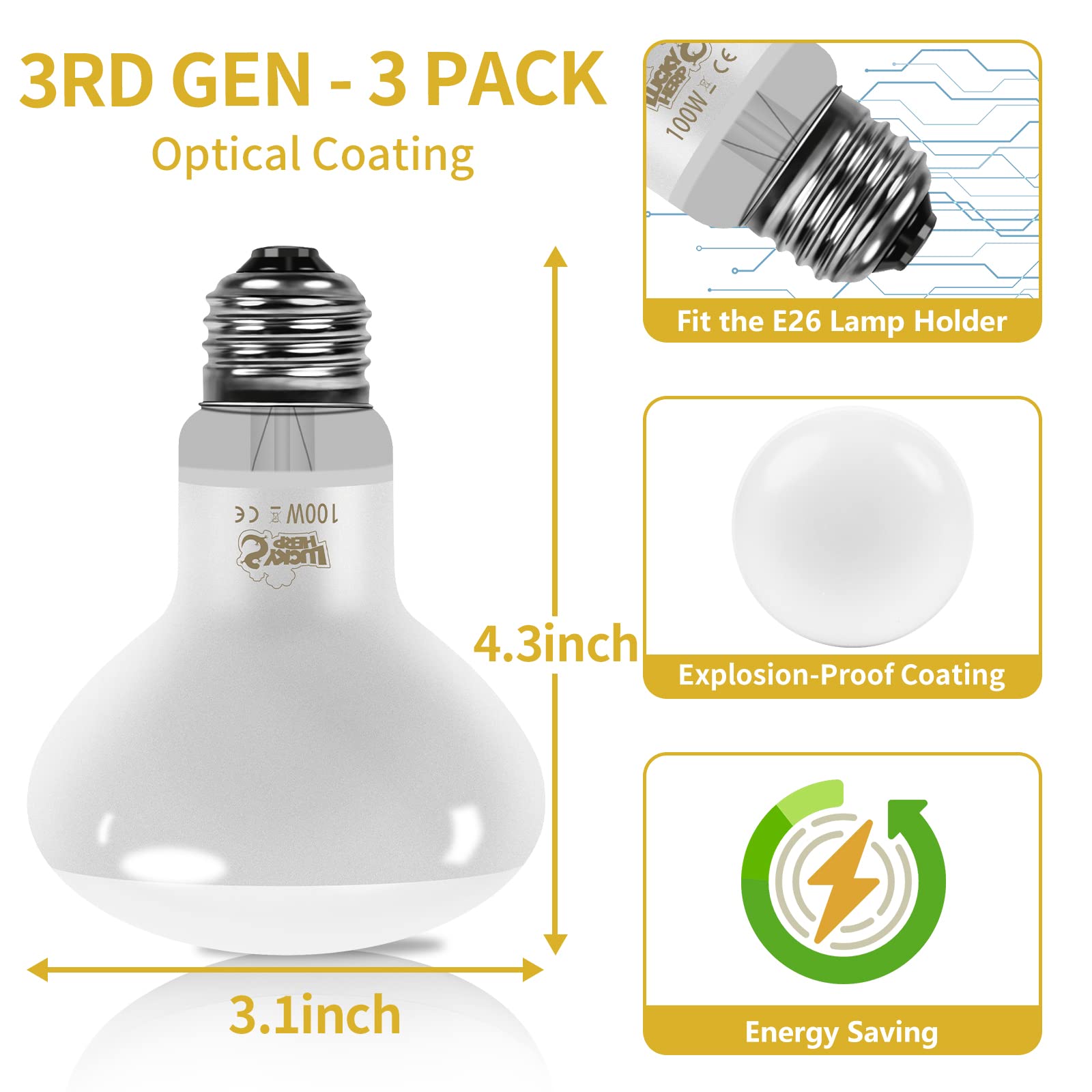 LUCKY HERP New Upgrade 3 Pack 100W Reptile Heat Lamp Bulb (3nd Gen, Safer), Amphibian UVA Heat Light Bulb, Reptile Basking Dayli